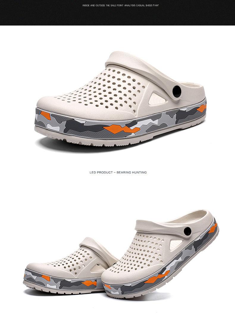 Men's garden clogs with perforated beige upper and camo-gray sole with orange details on Tampa Home & Garden Store