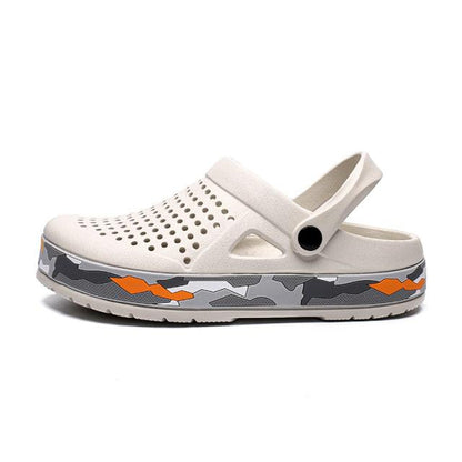 Men's garden clogs Stevvex with white perforated upper, rear strap, and camo-pattern midsole on Tampa Home & Garden Store