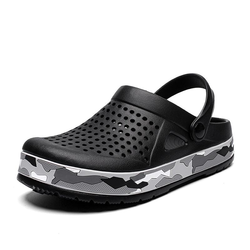 Men's Black Garden Clogs Stevvex with perforated upper and camo-pattern midsole on Tampa Home & Garden Store