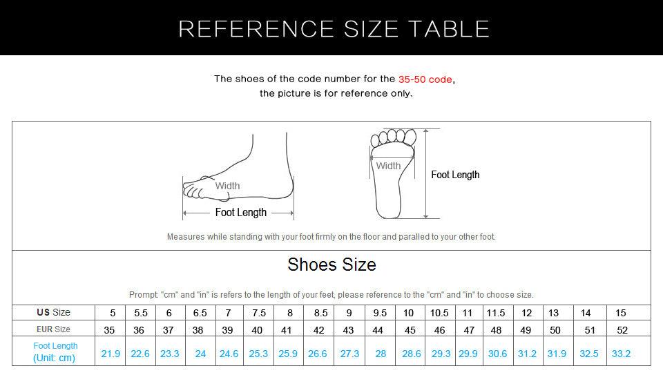 Stevvex athletic shoes size chart showing US sizes 5–15 and foot length in cm on Tampa Home & Garden Store
