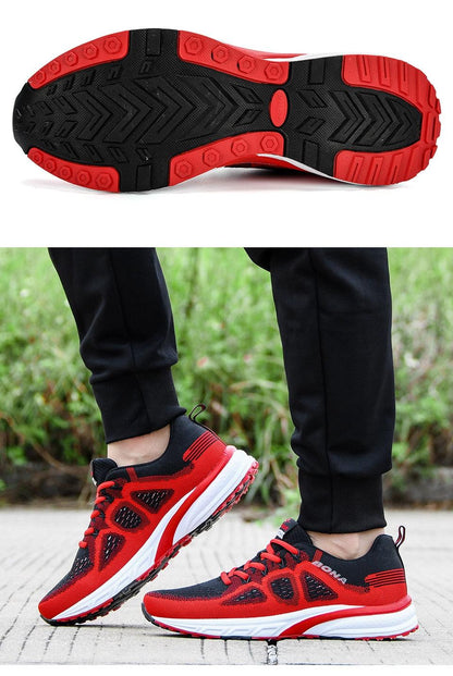 Stevvex athletic sneakers outsole in black and red with rugged traction on Tampa Home & Garden Store
Stevvex men's lightweight mesh athletic sneakers red and black worn outdoors on Tampa Home & Garden Store
