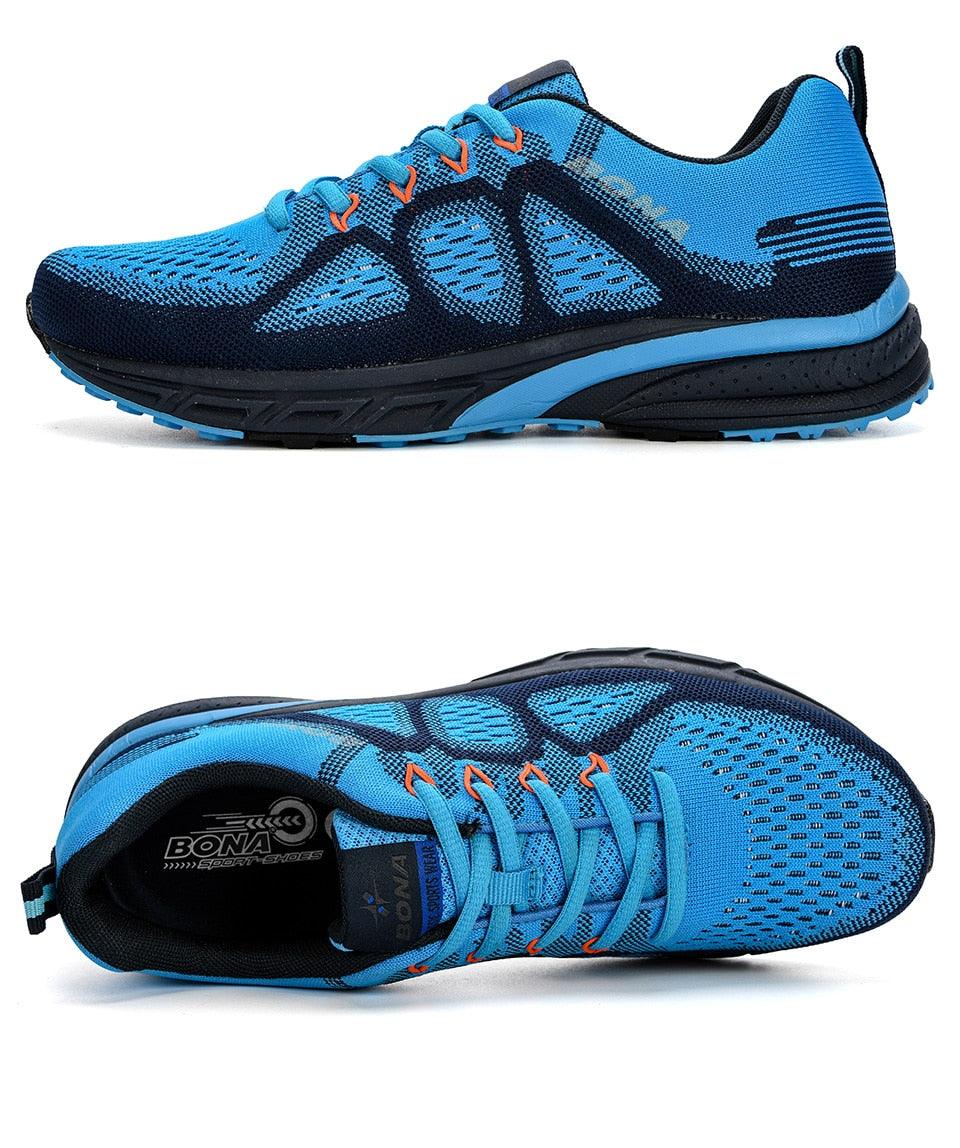 Stevvex men's athletic running sneakers blue mesh upper, orange eyelets, black outsole on Tampa Home & Garden Store