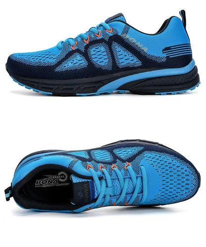 Stevvex men's athletic running sneakers blue mesh upper, orange eyelets, black outsole on Tampa Home & Garden Store