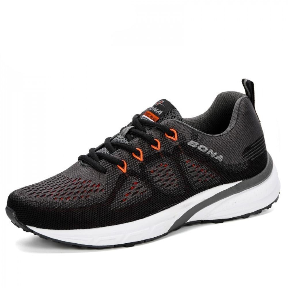 Stevvex Elegant mens sneakers with black gray mesh upper, orange eyelets, white midsole on Tampa Home & Garden Store