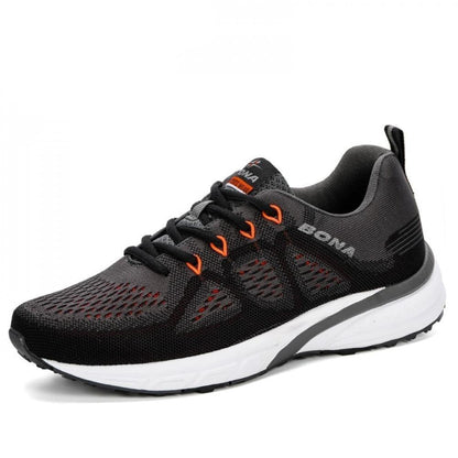 Stevvex Elegant mens sneakers with black gray mesh upper, orange eyelets, white midsole on Tampa Home & Garden Store