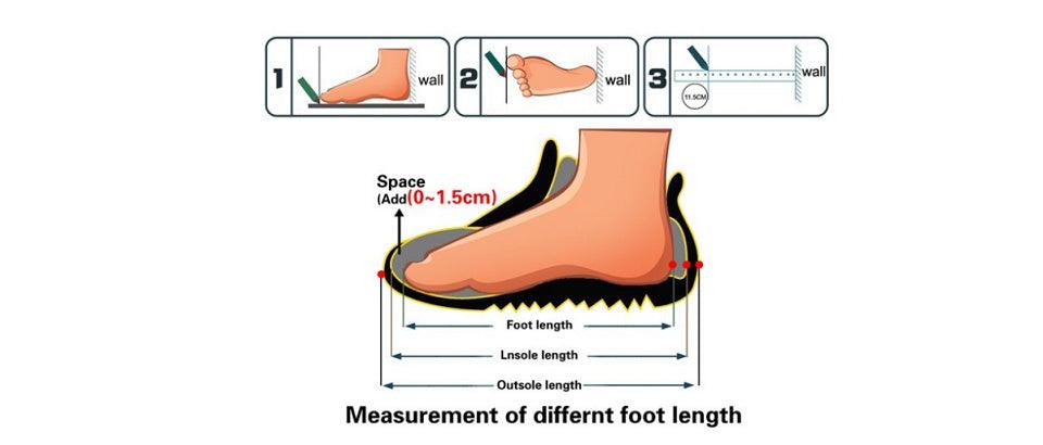 Stevvex athletic shoes infographic showing a foot in sneaker with 0–1.5cm clearance for fit on Tampa Home & Garden Store
