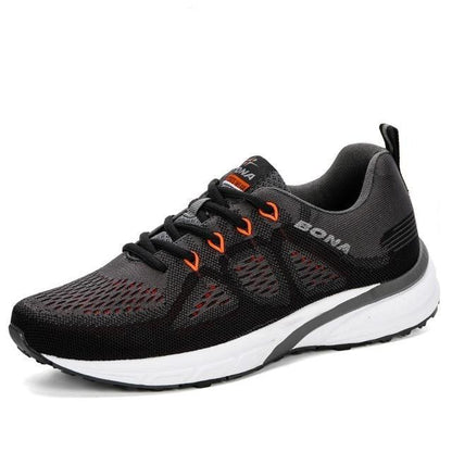 Stevvex men's athletic mesh running shoe in black with orange eyelets and white midsole on Tampa Home & Garden Store