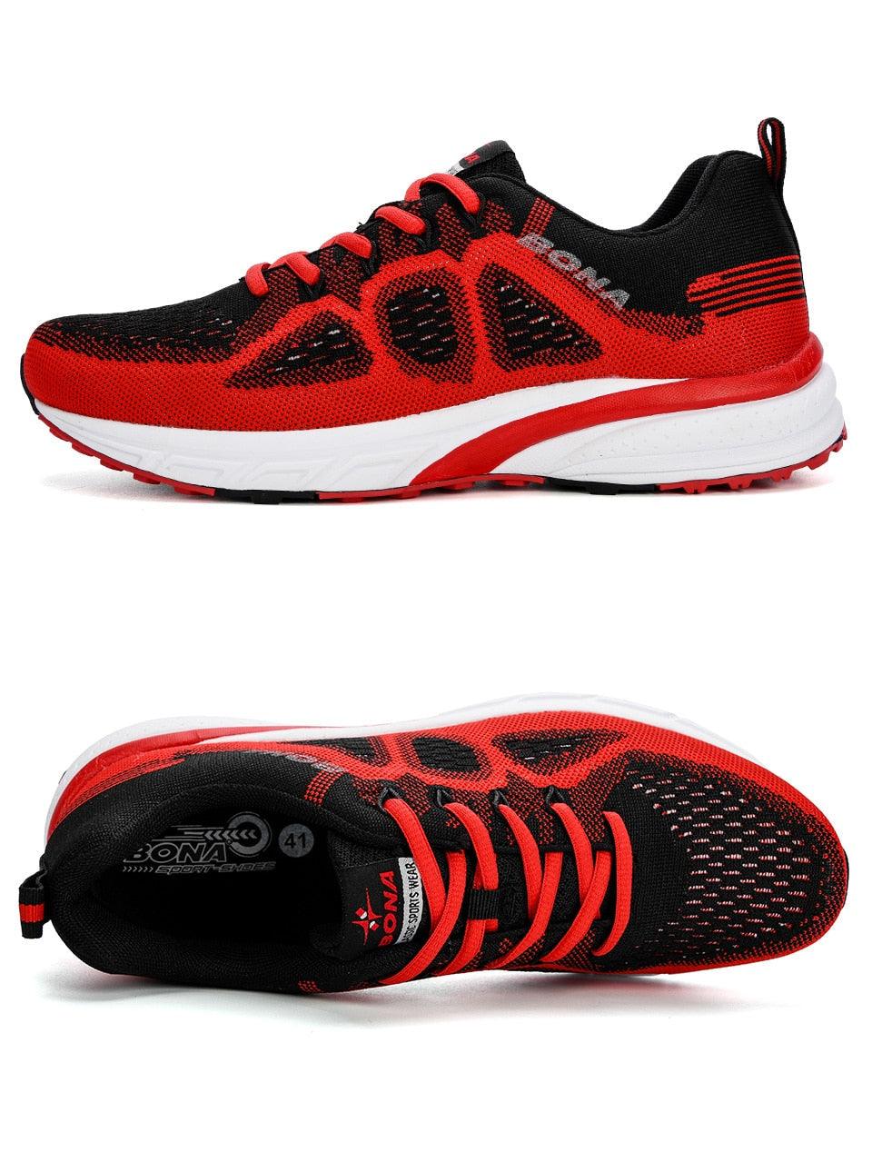Stevvex men's athletic sneakers red black mesh lightweight breathable non-slip side/top views on Tampa Home & Garden Store