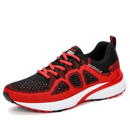 Stevvex men's athletic sneakers red/black mesh upper with white midsole and red outsole on Tampa Home & Garden Store