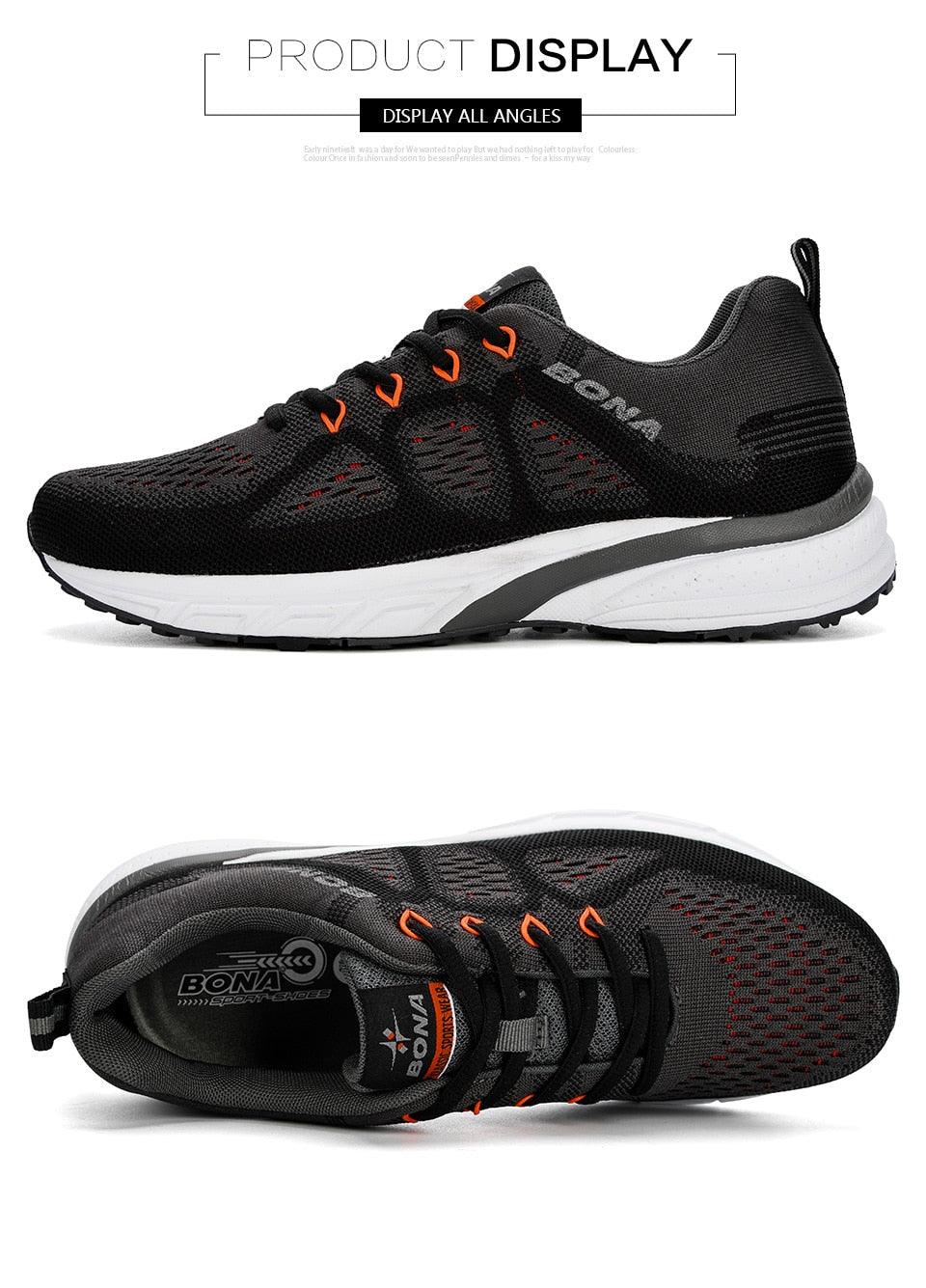 Stevvex men's black mesh athletic sneakers with orange eyelets and white midsole on Tampa Home & Garden Store