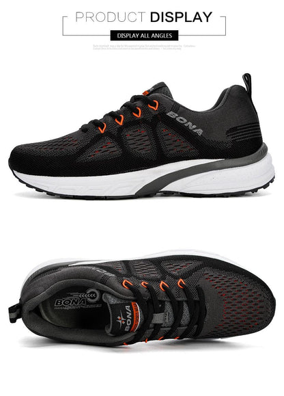 Stevvex men's black mesh athletic sneakers with orange eyelets and white midsole on Tampa Home & Garden Store