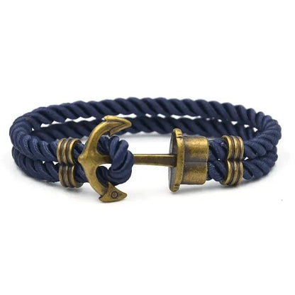 Men's navy blue nylon anchor bracelet with brass anchor clasp and brass end caps on Tampa Home & Garden Store