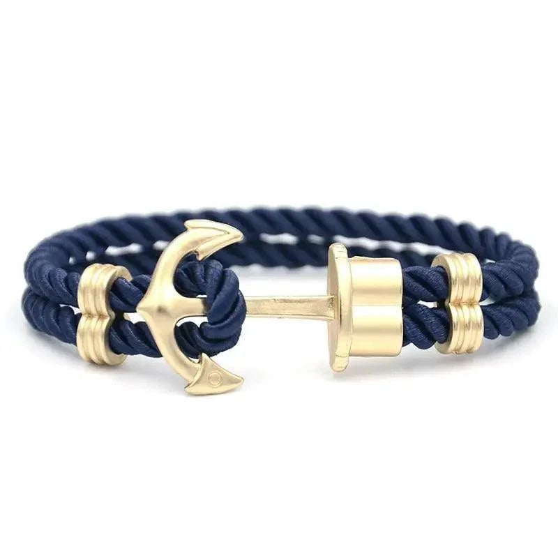 Stevvex navy blue braided nylon anchor bracelet with gold-tone anchor clasp and gold end caps on Tampa Home & Garden Store