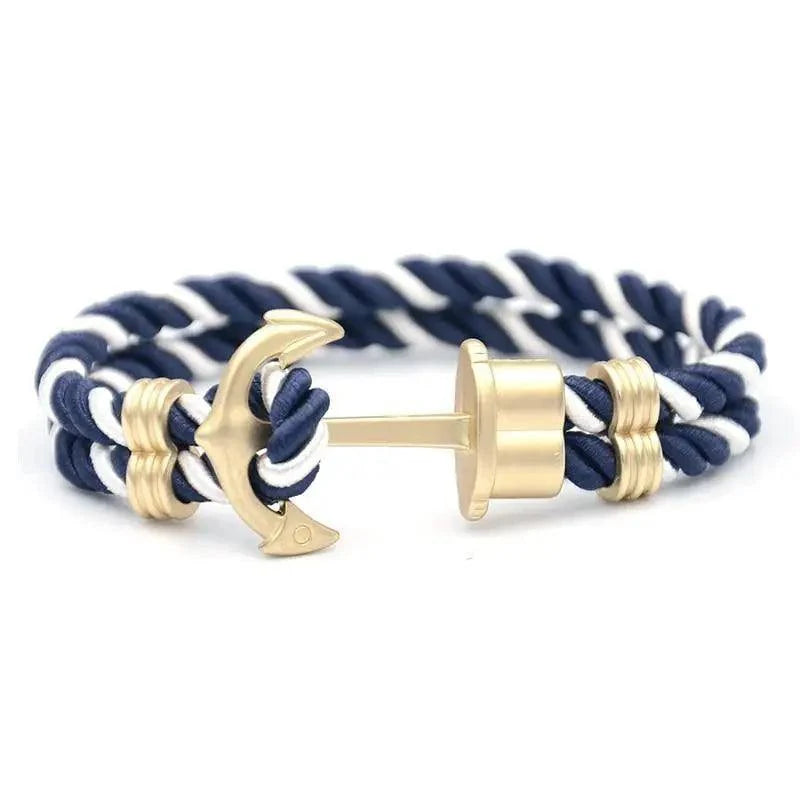 Anchor bracelet in navy blue nylon with white twist and gold-tone anchor by Stevvex on Tampa Home & Garden Store