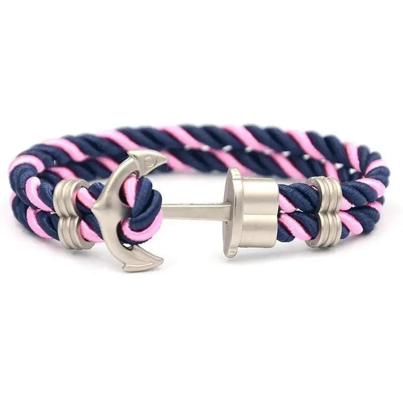Men's navy blue and pink nylon anchor bracelet with stainless steel anchor clasp on Tampa Home & Garden Store