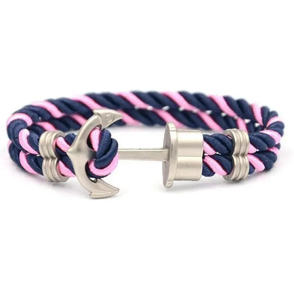 Men's navy blue and pink nylon anchor bracelet with stainless steel anchor clasp on Tampa Home & Garden Store
