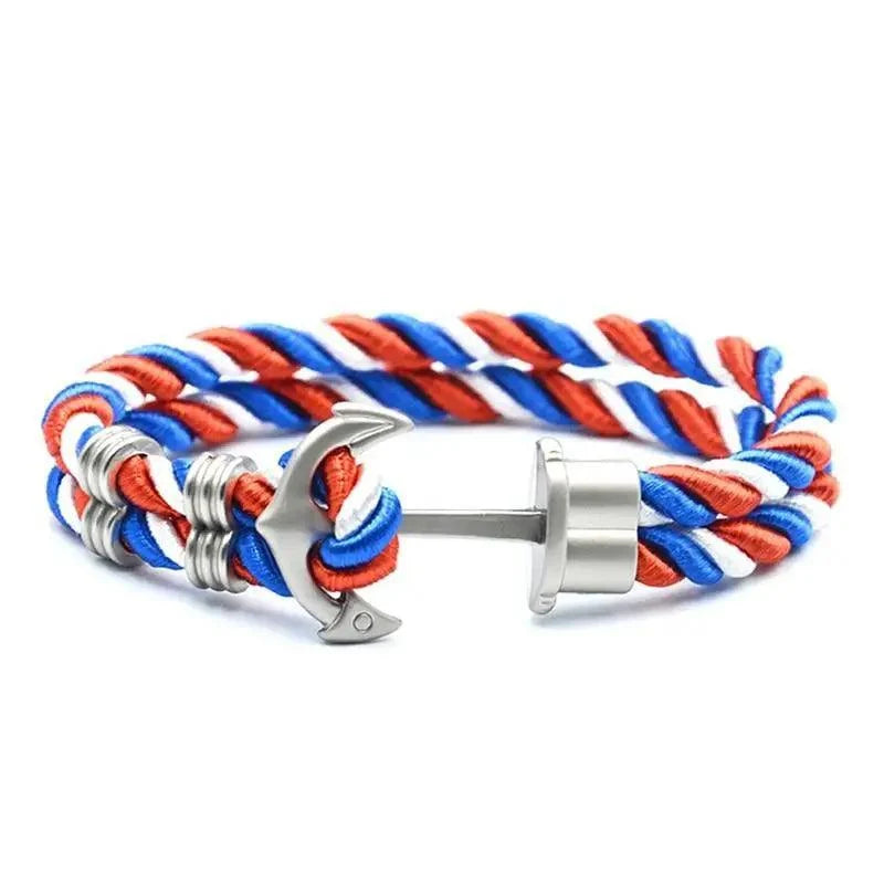 Men's anchor bracelet with stainless steel anchor, nylon cord in blue white red, slider clasp on Tampa Home & Garden Store