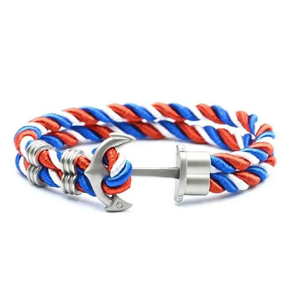 Men's anchor bracelet with stainless steel anchor, nylon cord in blue white red, slider clasp on Tampa Home & Garden Store