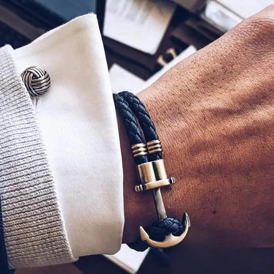 Stevvex navy blue braided nylon anchor bracelet for men with gold-tone barrel clasp and anchor detail on Tampa Home & Garden Store