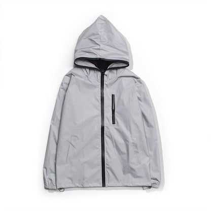 Stevvex hooded windbreaker in light gray reflective fabric, full-zip front with chest pocket on Tampa Home & Garden Store