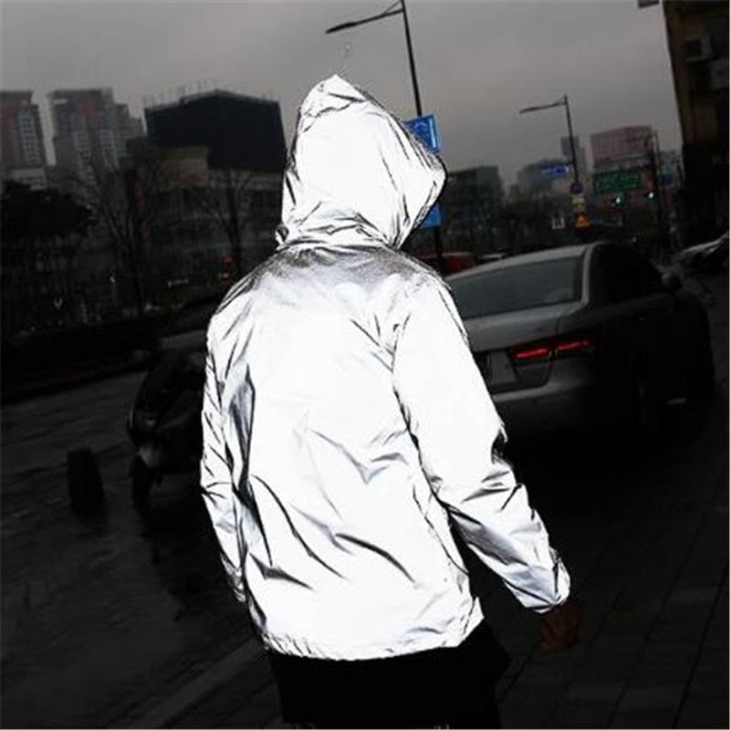 Stevvex reflective hooded windbreaker jacket for men, silver, packable on Tampa Home & Garden Store