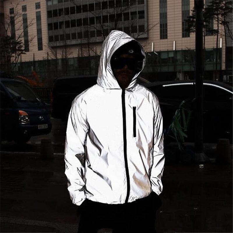 Men's reflective hooded windbreaker jacket in silver, Stevvex brand on Tampa Home & Garden Store