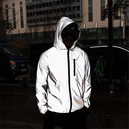 Men's reflective hooded windbreaker jacket in silver, Stevvex brand on Tampa Home & Garden Store
