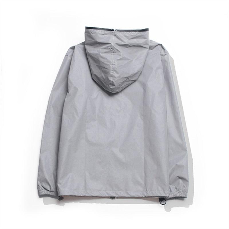 Hooded windbreaker jacket gray back view, lightweight reflective coat on Tampa Home & Garden Store