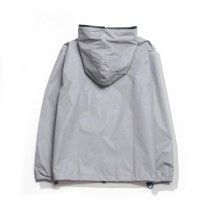 Hooded windbreaker jacket gray back view, lightweight reflective coat on Tampa Home & Garden Store