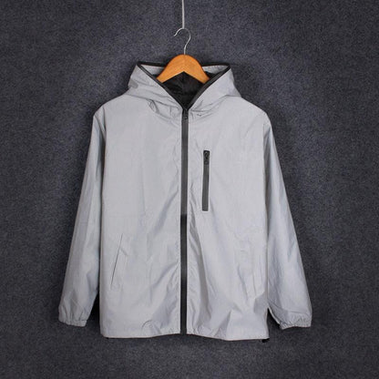 Stevvex gray hooded windbreaker jacket with black front zipper and chest zip pocket on Tampa Home & Garden Store