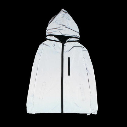 Stevvex reflective white hooded windbreaker jacket with black zipper on Tampa Home & Garden Store