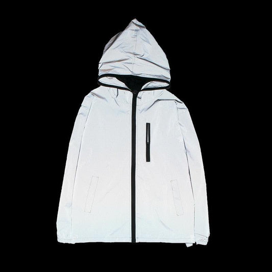 Stevvex reflective white hooded windbreaker jacket with black zipper on Tampa Home & Garden Store