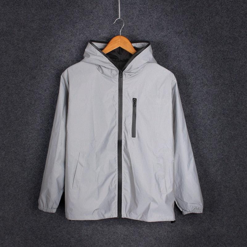 Stevvex light gray hooded windbreaker, black zipper, chest pocket, side pockets packable on Tampa Home & Garden Store