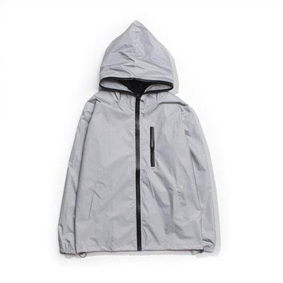 Men's light grey reflective hooded windbreaker jacket with black zip trim on Tampa Home & Garden Store