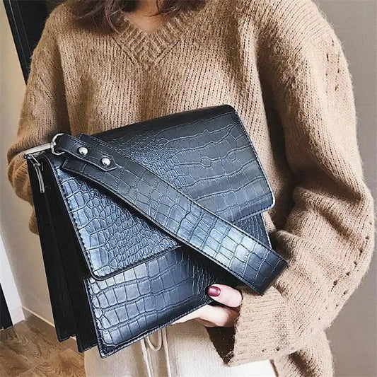 Stevvex black crocodile-embossed PU leather shoulder bag with front flap on Tampa Home & Garden Store