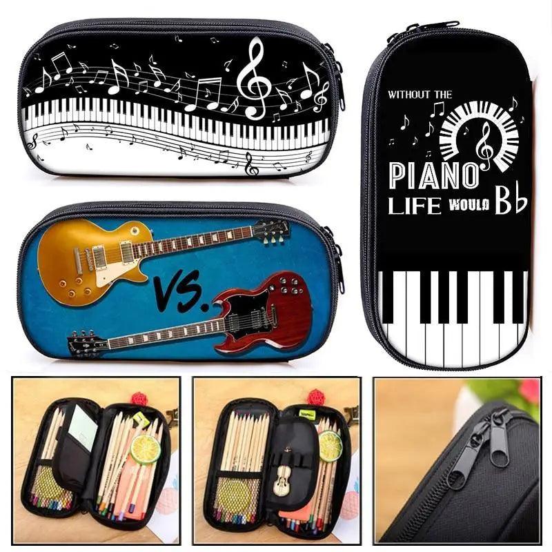 Stevvex pencil cases trio with music themes: black/white keyboard, blue guitar duo, black piano on Tampa Home & Garden Store