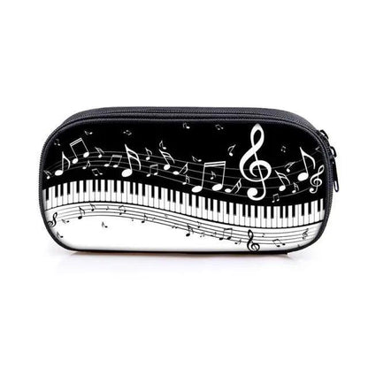 Pencil case with music note piano motif, black and white keyboard, zippered school stationery on Tampa Home & Garden Store