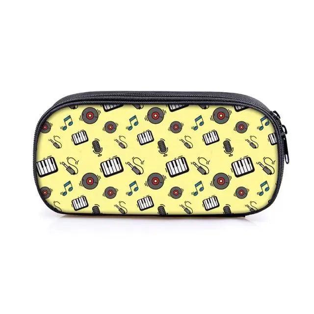 Stevvex pencil case yellow with black zipper and music notes piano keys pattern on Tampa Home & Garden Store