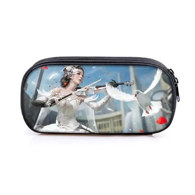 Pencil case with black zipper featuring art of a white-dressed woman aiming a gun beside a dove on Tampa Home & Garden Store