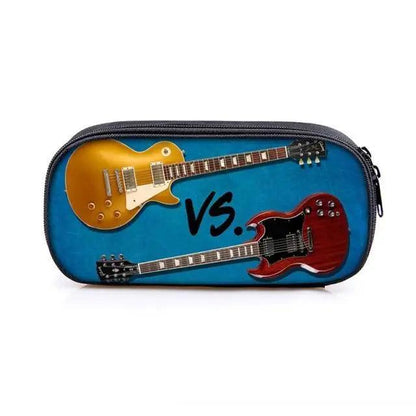 Pencil case with guitar artwork: yellow and red guitars on blue background, zippered trim on Tampa Home & Garden Store