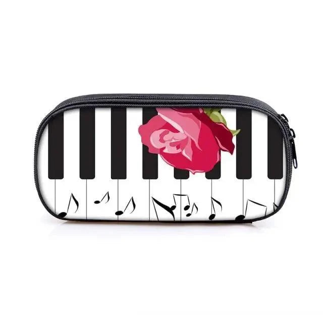 Piano keyboard pencil case with black and white keys and pink rose design, zipper pouch on Tampa Home & Garden Store