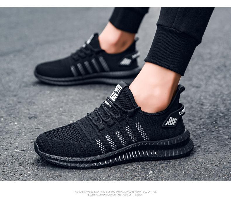 Stevvex men's black knit sneakers with breathable upper and striped accents on Tampa Home & Garden Store