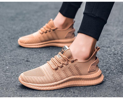 Stevvex mens sneakers with tan knit upper, breathable mesh and sculpted light sole on Tampa Home & Garden Store
