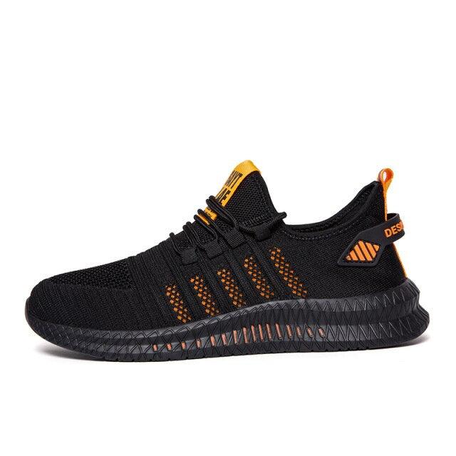 Stevvex men's sneakers black knit upper orange accents breathable lightweight non-slip sole on Tampa Home & Garden Store