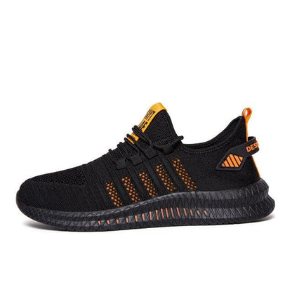 Stevvex men's sneakers black knit upper orange accents breathable lightweight non-slip sole on Tampa Home & Garden Store
