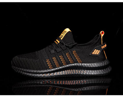 Stevvex men's black breathable running sneakers with orange accents and non-slip outsole on Tampa Home & Garden Store