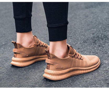 Stevvex men's sneakers tan knit upper breathable mesh with chunky textured sole on asphalt on Tampa Home & Garden Store