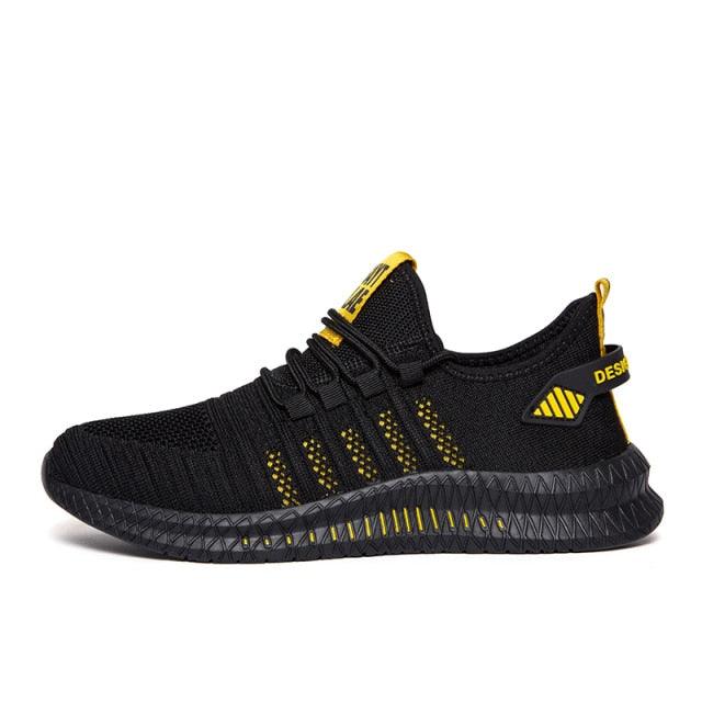 Stevvex men's sneakers black knit upper with yellow accents running trainer on Tampa Home & Garden Store