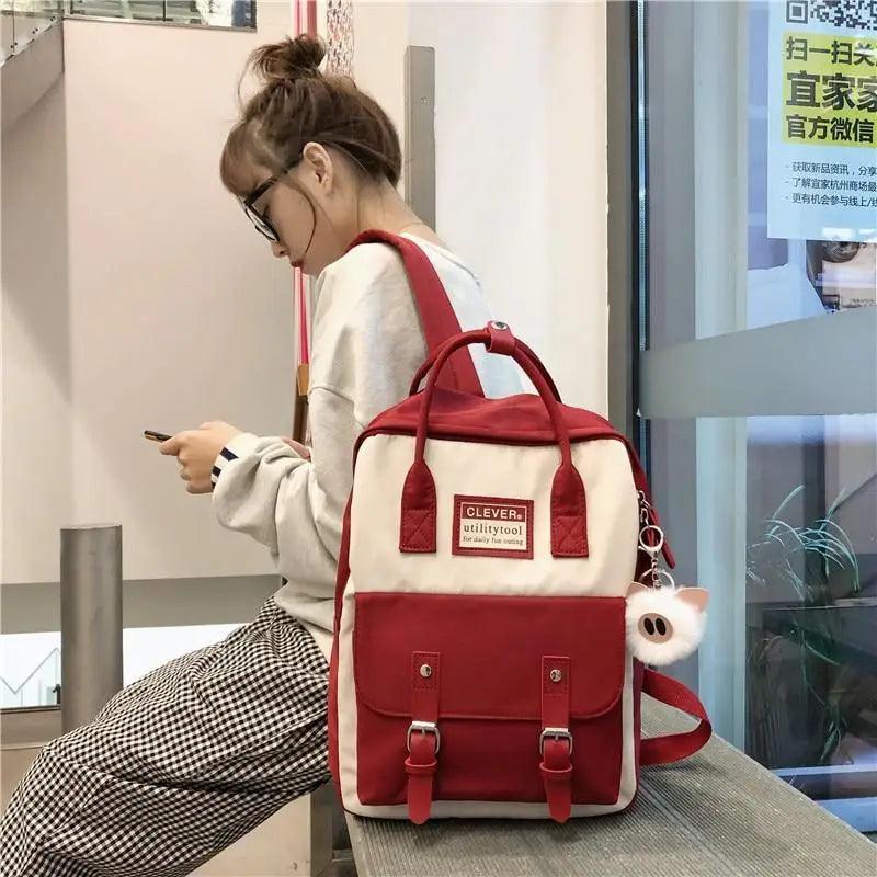 Stevvex nylon candy-color waterproof school backpack red-beige with front pockets and plush keychain on Tampa Home & Garden Store