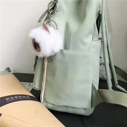 Stevvex elegant nylon waterproof school backpack mint green with fluffy white pom-pom keychain on Tampa Home & Garden Store